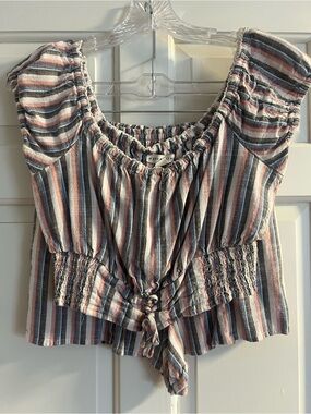Aeropostale Striped Tie-Front Crop Top - Pink, Gray & White